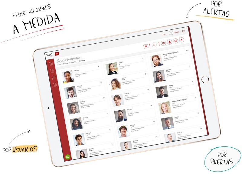 Imagen de una tablet que en la pantalla muestra la gestión de los usuarios del software del sistema de control de acceso NÜO Go!